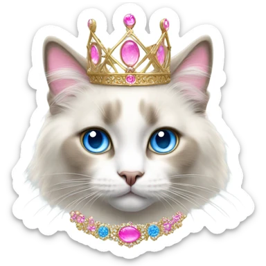 Realistic ragdoll cat with blue eyes wearing pink and gold tiara sticker