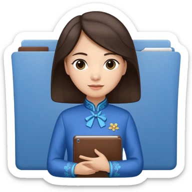 Teacher emoji but : wavy dark brown hair, light skin, no glasses, dark eyes, with a computer folder in the hand, being a teacher, wearing a chinese qipao (brown & blue) 

 sticker