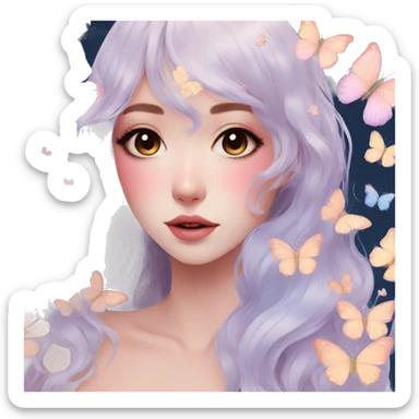 Gorgeous Pastel Anime-Style Lady With Butterflies on face aesthetic trending style sticker