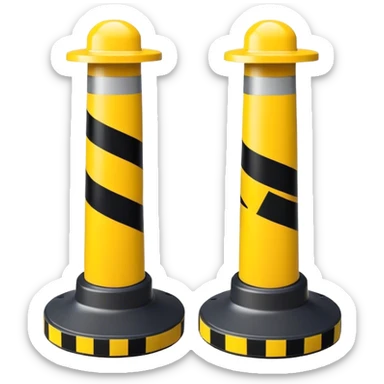 Two reflector-equipped traffic bollards with a caution tape stretched between them, marking a restricted or blocked area sticker