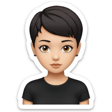 A girl with black short pixie haircut cut, dark brown eyes that almost look like black, caramel tone skin colour. Wearing a black t-shirt.  sticker