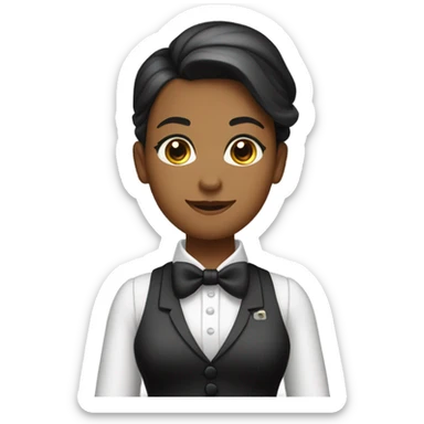 a female butler with a professional and elegant demeanor. She has her hair neatly tied in a ponytail and wears a classic butler uniform, including a tailored vest, crisp white shirt, and bow tie. sticker