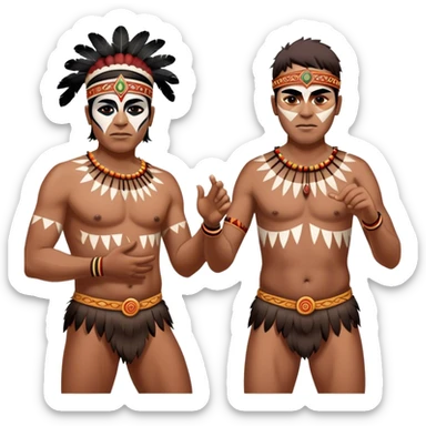 Cinematic Realistic scene of two indigenous male aboriginals performing an Aboriginal Corroboree, adorned in traditional body paint, A corroboree is an Australian Aboriginal ceremonial meeting. It usually includes celebration of Aboriginal mythology and spirituality, which is based in the Dreaming sticker