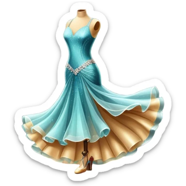 Humanless Icon for Ballroom Dance: elegant ballroom dance shoes, a sparkling dress, and a dance floor with a spotlight. The icon should capture the grace and elegance of ballroom dancing, with emphasis on movement and rhythm. Transparent background. sticker