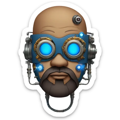 Bearded Fat bald cyborg head with brown skin, blue steampunk goggles and circuits sticker