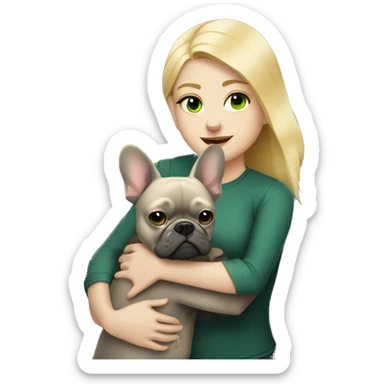 A blonde girl with green eyes with a square hugs a dark gray French bulldog sticker