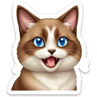 Cinematic Cute Yawning Brown Mantle Snowshoe Cat Portrait Emoji, Head tilted slightly with a dramatic, wide-open yawn, smooth brown fur draping elegantly over its back with contrasting white paws, chest, and facial markings, piercing icy-blue eyes that are barely open, Simplified yet irresistibly adorable features, highly detailed, glowing with a soft, cozy glow, high shine, relaxed yet expressive, stylized with a touch of whimsy, bright and endearing, soft glowing outline, capturing the essence of a sleepy yet affectionate kitty, so drowsy it feels like it could stretch right out of the screen and curl up for a nap! sticker