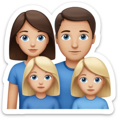 Family portrait with father with dark brown hair and blue eyes, mother with light brown hair and blue eyes, three blonde little girls with blue eyes sticker