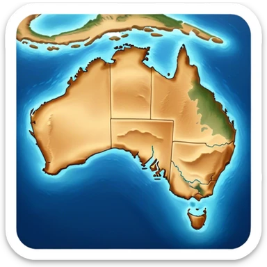 Cinematic-realistic outline of Australia, featuring its distinct landmass with accurately defined coastlines. The deep blue ocean surrounds the golden-brown continent, with subtle topographic shading to highlight its terrain. A soft glowing effect enhances the edges, making the shape stand out against a neutral, textured background. sticker