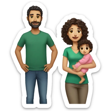 pakistani mom with long brown curly hair and pakistani dad with short black curly hair holding a pakistani baby sticker