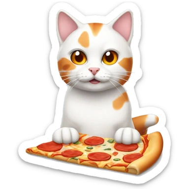 White and orange cat with pizza sticker