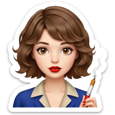 Alluring French girl french shiny brown wavy textured bob haircut tousled hair red lips and cigarette sticker