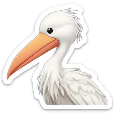  A big white stork carrying a bundle of cloth in its beak that has a cute white skinned baby face peeking out from it with black head sticker