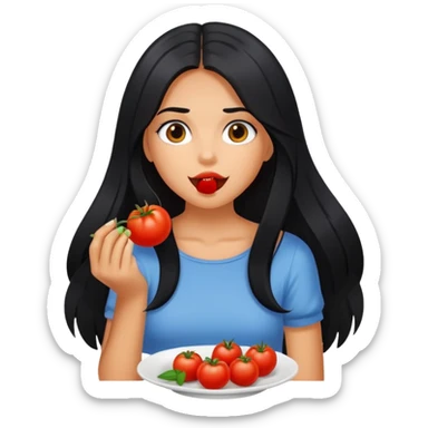Pretty tanned girl with long black hair, eating tomatoes sticker