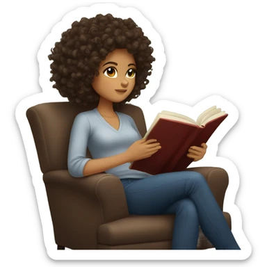 brunette curly hair reading a book in a chair cozy aesthetic sticker