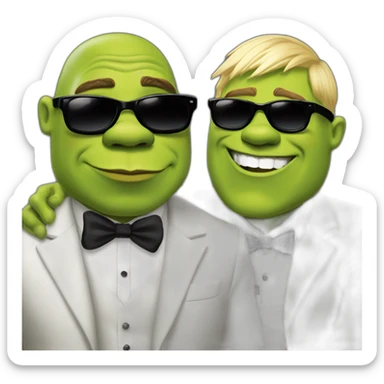 super hot shrek kissing with white-guy-wearing-suit-with-short blonde-hair-and-black-sunglasses sticker
