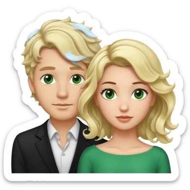 esposos, mujer rubia  y pelo semi tomado ondulado, hombre de pelo negro con un mechon blanco ondulado, atractivo de ojos verdes sticker