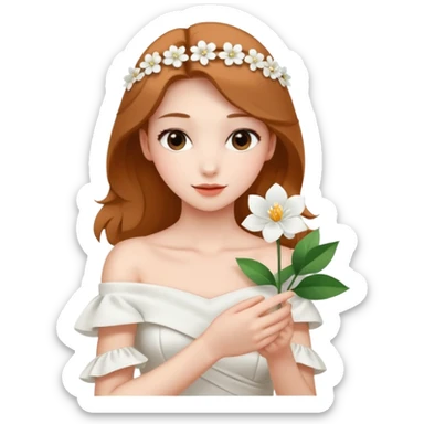 Pretty lady wearing a white silky off-the-shoulder folded neckline and holding a white flower on her right hand sticker