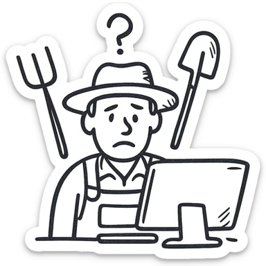 A farmer with a straw hat, surrounded by farm tools, staring at a computer screen in confusion, in a hand-drawn style sticker