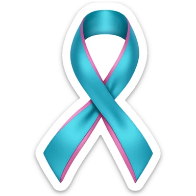 Thyroid cancer ribbon which has a blue strand, a pink strand and teal at the top where the ribbon crossed over sticker