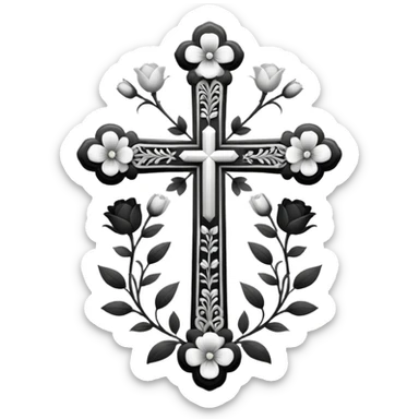 a black and white detailed cross with flowers over lapping sticker