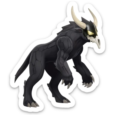 Shiny Dark Edgy  Inteleon-Amaura-Fakémon-hybrid-creature (full body) with a horned animal-skull-mask sticker