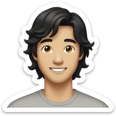 guy, black hair, medium length hair, in his 20s, very asian, smiling, t-shirt only, slight brown skin, dark brown eyes, slighty wavy hair sticker