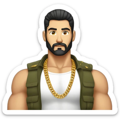 russian strong man thug wearing gold chain with black hair and a short beardand military hairstyle sticker