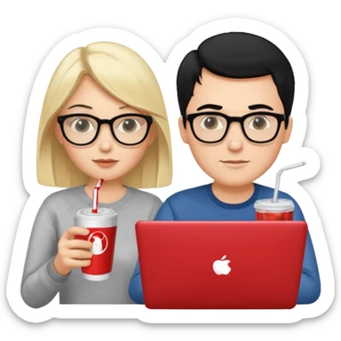 Hombre blanco con gafas, pelo negro tomando un refresco frente a un ordenador con ropa de sport, mujer rubia en la pantalla del ordenador tomando café sticker