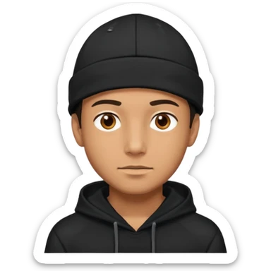 Guy wearing a black hoodie and a black cap his eyes hunter eyes brown and his skin white but tanned  sticker