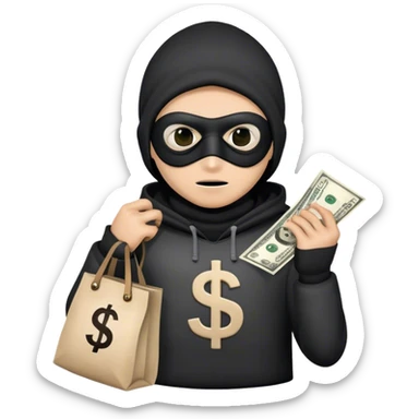 a thief boy with a bag in his hand with a dollar in the middle of the bag and a mask on his eyes sticker