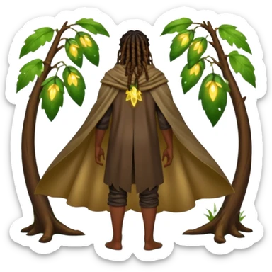 full body woodland character, dark skin man with dreadlocks, from behind, open back leaf cloak, wet skin shine, fireflies around sticker