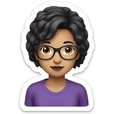 Girl wearing black glasses with black hair and purple tshirt sticker