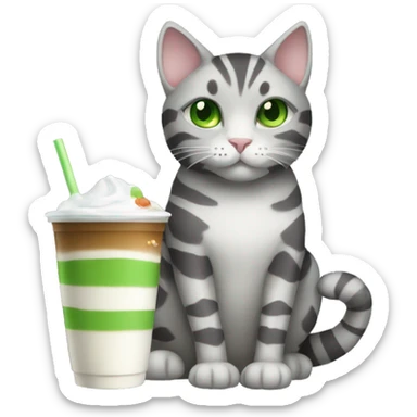 A striped grey cat with green eyes drinking boba sticker