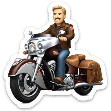 Middle age man wearing leather jacket and leather chaps riding a Indian motorcycle roadmaster  sticker
