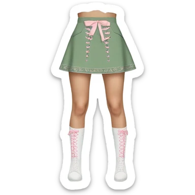 Sage green a-line mini skirt with pink lace up on the sides and bows and embroidery, isolated sticker