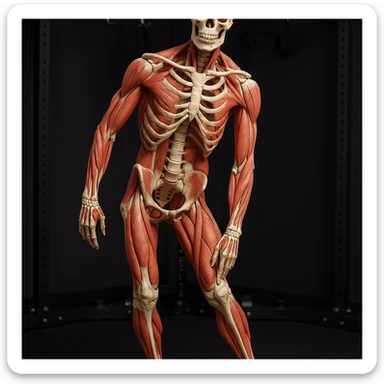 Hyperrealistic anatomical view of the same pose: tilted pelvis, valgus knee, pronated foot, with detailed visible bones and muscles, gym environment, 4K quality. Variant 3: more evident foot pronation. sticker