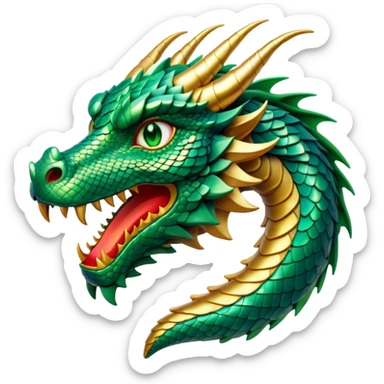 Cinematic Noble Dragon Portrait Emoji, Poised and majestic, with a sinuous, elongated body covered in intricately detailed, shimmering scales in hues of emerald and gold, and piercing, fiery eyes that reflect ancient wisdom; rendered with lifelike texture and natural highlights, high shine, intelligent and formidable, styled with an aura of mythic power, focused and attentive, soft glowing outline, capturing the essence of a legendary dragon that appears ready to soar out of the screen with timeless authority! sticker