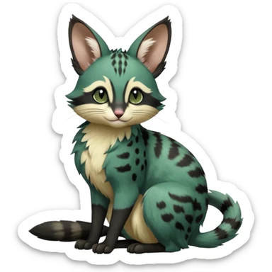 Dark-Green, black-pointed, soft natural realistic romantic vintage antique divine beautiful elegant pretty precious cute young youthful  Fakémon-Pokémon-opossum-feline-serval-caracal-chinchilla-Minccino-Cinccino-Meowstic-rodent-hybrid-creature with a big fluffy bushy tail (full body) sticker