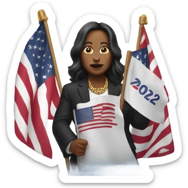 Kamala holding a trump 2024 flag sticker