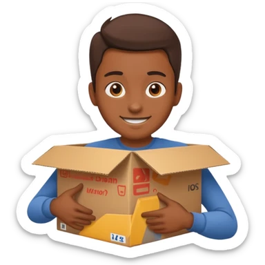 Generate a realistic emoji-style icon of the a person clever packing a package. That he´s clever by packing a box has to be easily noticed. sticker