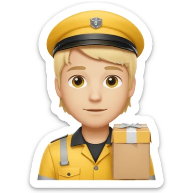 german delivery guy with yellow uniform and package with no hat sticker