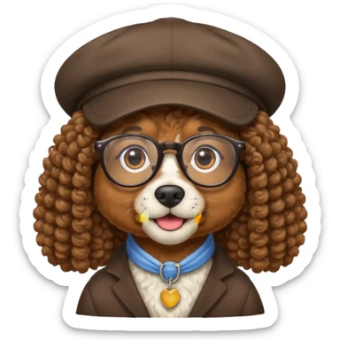 hatted dog with glasses and curly hair sticker