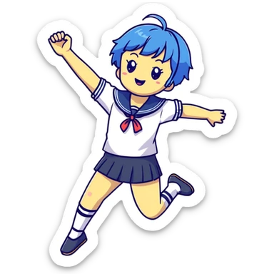Energetic anime girl with short blue hair wearing Japanese sailor style school uniform, jumping excitedly with arms raised, very cheerful, kawaii style sticker