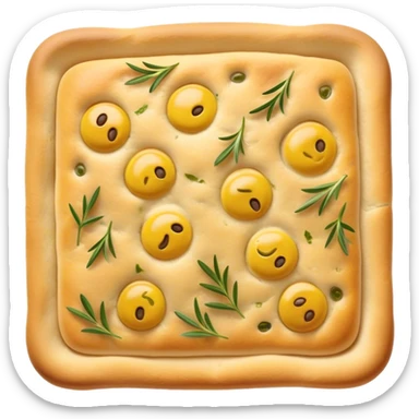 Cinematic Realistic Focaccia Bread Dish Emoji, depicted as a golden, olive oil brushed flatbread sprinkled with herbs rendered with lifelike texture and soft, appetizing lighting. sticker