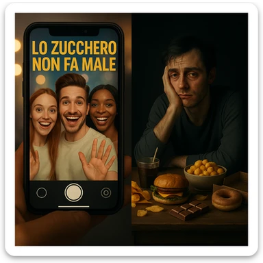 Symbolic split-screen scene: on the social media side, cheerful and smiling experts on a smartphone say in Italian 'LO ZUCCHERO NON FA MALE' with strong lights and colorful filters; on the opposite side, a person showing signs of inflammation and fatigue surrounded by sweets and junk food, dark tones and shadows. Contrast between appearance and reality. Modern style, 4K quality. sticker