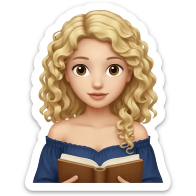 woman with long curly blond hair, brown eyes, wearing an off-shoulder top, studying sticker