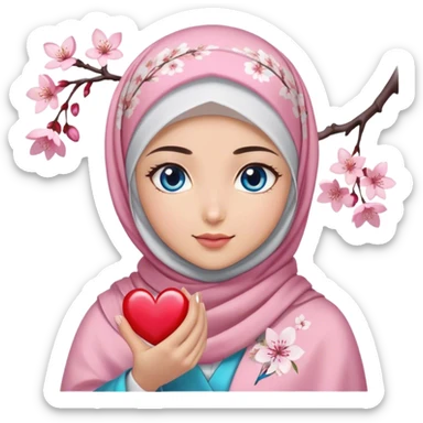 Turkish beautiful finish Konya girl blue eyes with cherry blossom flower design hijab and hold heart in her hand  sticker