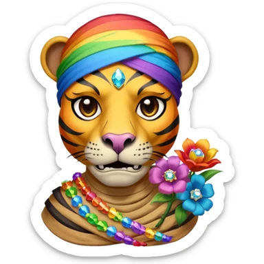 a mummy who is also a pirate make his skull a half flower rainbow diamond part hippo part tiger who is blue and gold whos head is on rainbow fire sticker