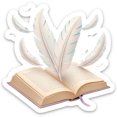 Create a delicate and poetic emoji representing poetry. The design should feature several elegantly flying pages with short poetic columns written on them. The pages should appear light and flowing, almost as if being carried by the wind. Include a white feather gently resting on the pages, symbolizing creativity and inspiration. Use soft, pastel tones to give it a dreamy, artistic feel. The design should feel ethereal and whimsical, capturing the essence of poetry. Make the background transparent. sticker